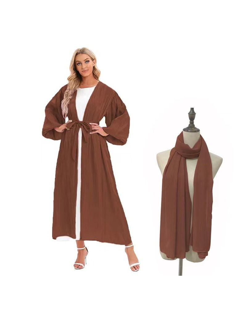 Loquat Puff Sleeve Cardigan Long Sleeve Abaya with Hijab Brown 