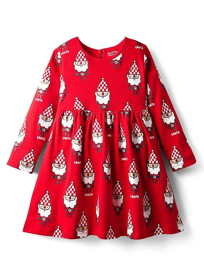Bonfino Bonfino Christmas Theme 100% Cotton Full Sleeves All Over Printed Dress - Red