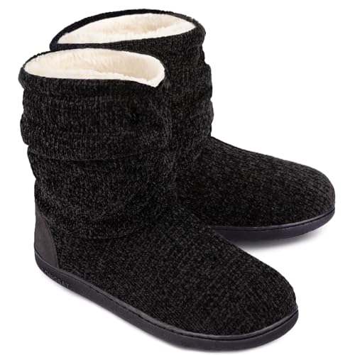 LongBay Women's Chenille Knit Bootie Slippers Cute Plush Fleece Memory Foam House Shoes (Large / 9-10 B(M), Black) - Image 1