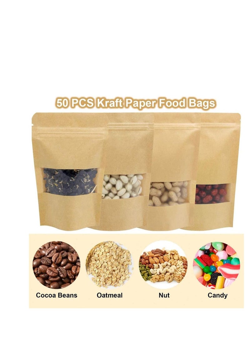 SYOSI Kraft Paper Pouch 25Pcs Stand Up Food Bag, Reusable Kraft Paper Pouch with Transparent Window for Nuts, Coffee Beans, Tea Leaves, Spices  - Image 2
