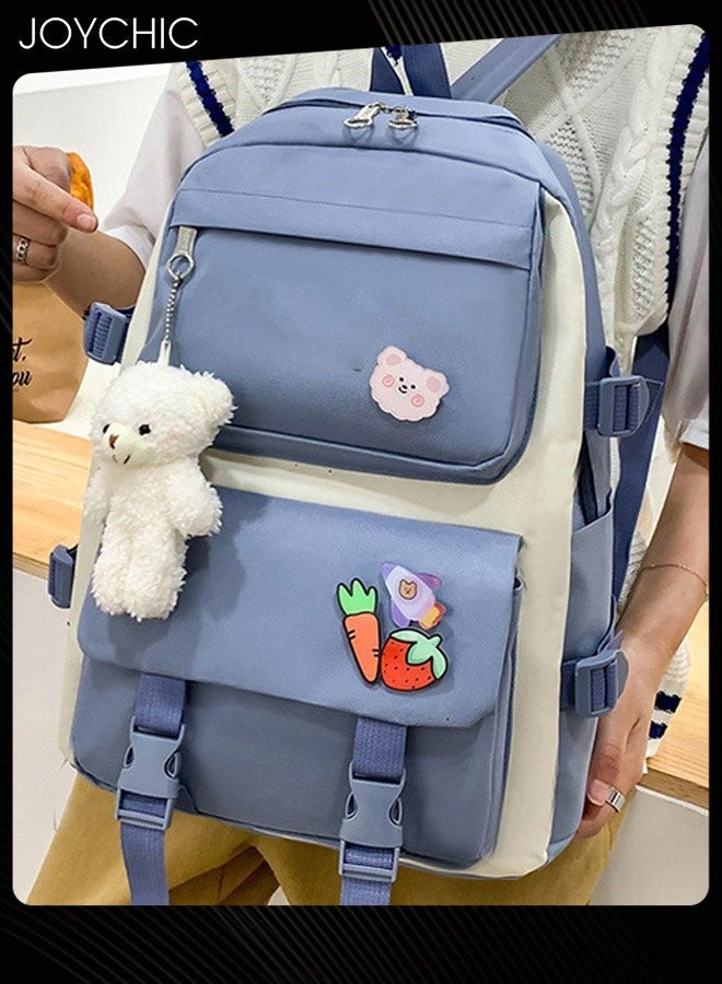 جوي شيك مجموعة حقيبة ظهر مدرسية كبيرة الحجم من القماش مكونة من 5 قطع متعددة الوظائف وحقيبة كتب قصيرة مع حقيبة أقلام للطلاب في المرحلة المتوسطة والثانوية والكليات باللون الأزرق - Image 3