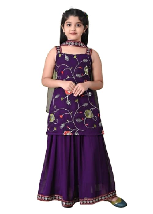 SPAMitude - Georgette Embroidery Sequin Kurta, Skirt and Dupatta Set for Girls – Ethnic Party Dress I Birthday Trendy Classic Outfit I Square Neck Sleeveless (PURPLE, 12-13 YEARS) - Image 1