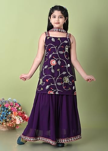 SPAMitude - Georgette Embroidery Sequin Kurta, Skirt and Dupatta Set for Girls – Ethnic Party Dress I Birthday Trendy Classic Outfit I Square Neck Sleeveless (PURPLE, 12-13 YEARS) - Image 5