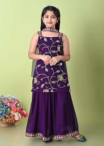 SPAMitude - Georgette Embroidery Sequin Kurta, Skirt and Dupatta Set for Girls – Ethnic Party Dress I Birthday Trendy Classic Outfit I Square Neck Sleeveless (PURPLE, 12-13 YEARS) - Image 2