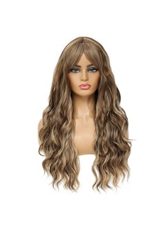 SWACC SWACC Long Curly Wavy Wig with Bangs Synthetic Hair Wig for Women with Wig Cap (Brown Blond Highlight)  - Image 1