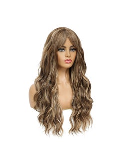 SWACC SWACC Long Curly Wavy Wig with Bangs Synthetic Hair Wig for Women with Wig Cap (Brown Blond Highlight)  - Image 3