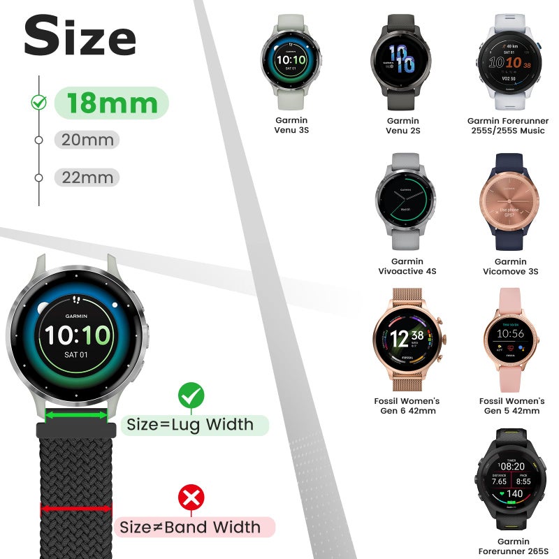 Acortjl 18mm Braided Watch Straps Compatible with Garmin Venu 3S/Venu 2S/Vivoactive 4S/Vicomove 3S/Fossil Women's Gen 6 42mm/5E 42mm/Gen 4 Venture HR/Charter HR/LG Watch Style Elastic Nylon Band Damen Herren - Image 2