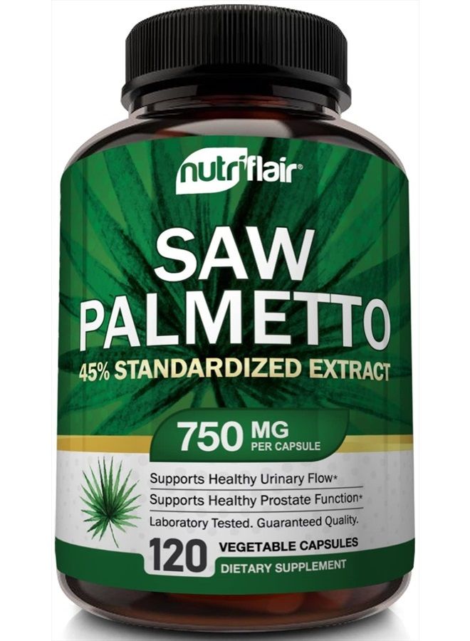 NutriFlair Saw Palmetto Extract 750mg, 120 Capsules - Natural Prostate Supplement & Berry Health Support - Helps Block DHT to Prevent Hair Loss and Helps Reduce Frequent Urination, for Women and Men - Image 1