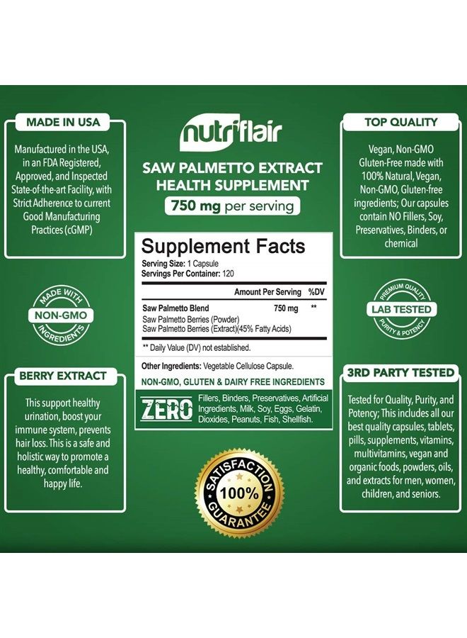 NutriFlair Saw Palmetto Extract 750mg, 120 Capsules - Natural Prostate Supplement & Berry Health Support - Helps Block DHT to Prevent Hair Loss and Helps Reduce Frequent Urination, for Women and Men - Image 2