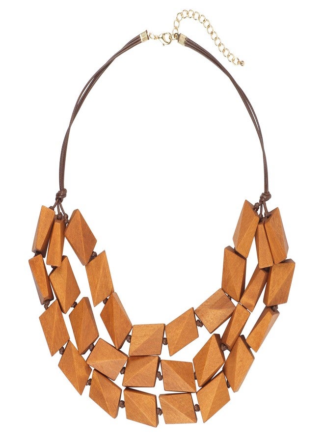 Coiris 3 Layers Big Faceted Wood Beaded Strand Statement Necklace for Women Chunky Collar (N0018-Light Brown) - Image 1
