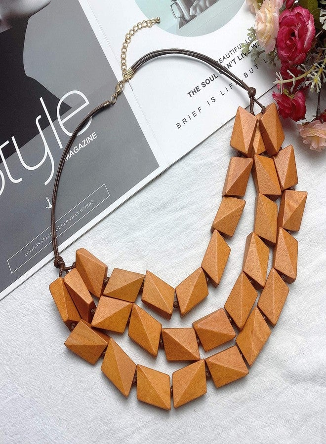 Coiris 3 Layers Big Faceted Wood Beaded Strand Statement Necklace for Women Chunky Collar (N0018-Light Brown) - Image 2