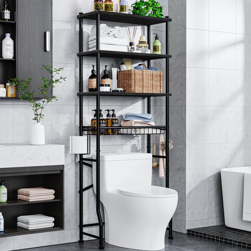 Mlinavn Over-The-Toilet Storage Rack, 4-Tier Bathroom Organizer Shelf Over Toilet with Adjustable Shelf and Basket, Freestanding Space Saver Bathroom Shelves Above Toilet for Room (Black) - Image 1