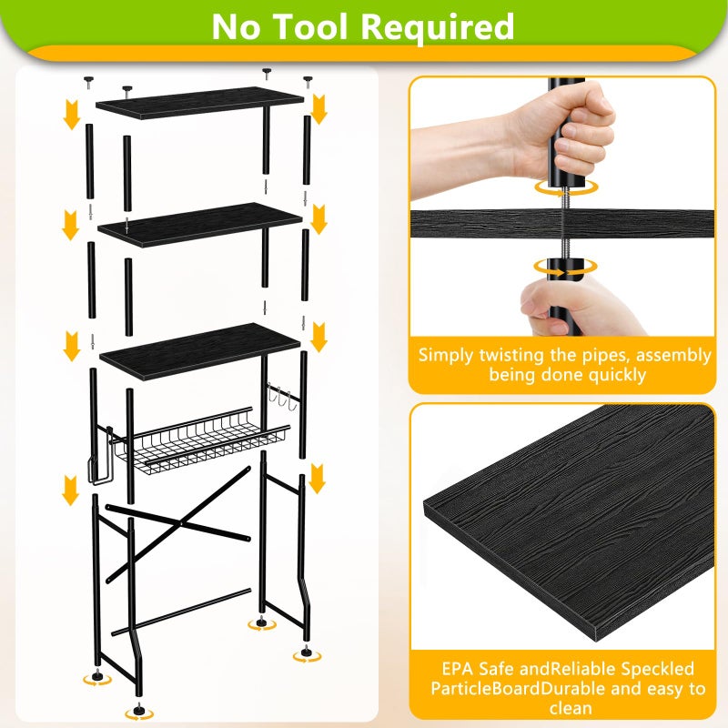 Mlinavn Over-The-Toilet Storage Rack, 4-Tier Bathroom Organizer Shelf Over Toilet with Adjustable Shelf and Basket, Freestanding Space Saver Bathroom Shelves Above Toilet for Room (Black) - Image 3