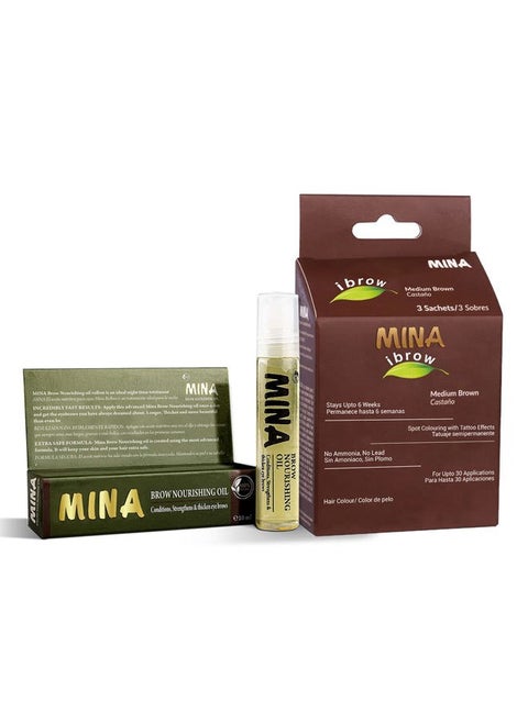 MINA ibrow Henna Medium Brown Tint Set with Nourishing Oil No Ammonia Vegan & Cruelty Free Up to 30 Applications Instant Eyebrow Tint Set with Tattoo Effect
