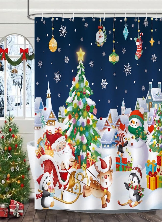 Bonhause Christmas Shower Curtain, Cute Santa Claus Reindeer Penguin Snowman Winter Bathroom Decor for Kids 72 x 72 Inch Polyester Fabric Waterproof Bath Curtain with 12 Hooks - Image 1