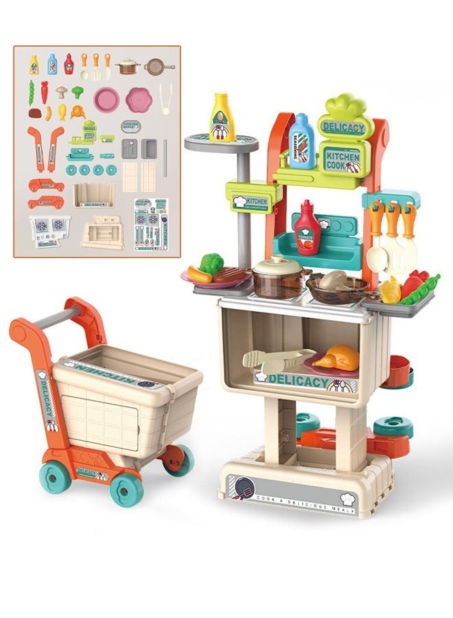 Kids Shopping Cart 2 in 1 Toy Shopping Cart with Shop Accessories, 42pcs Pretend Play Grocery Store Toy Kitchen Game Trolley Play Set for Kids - Image 1