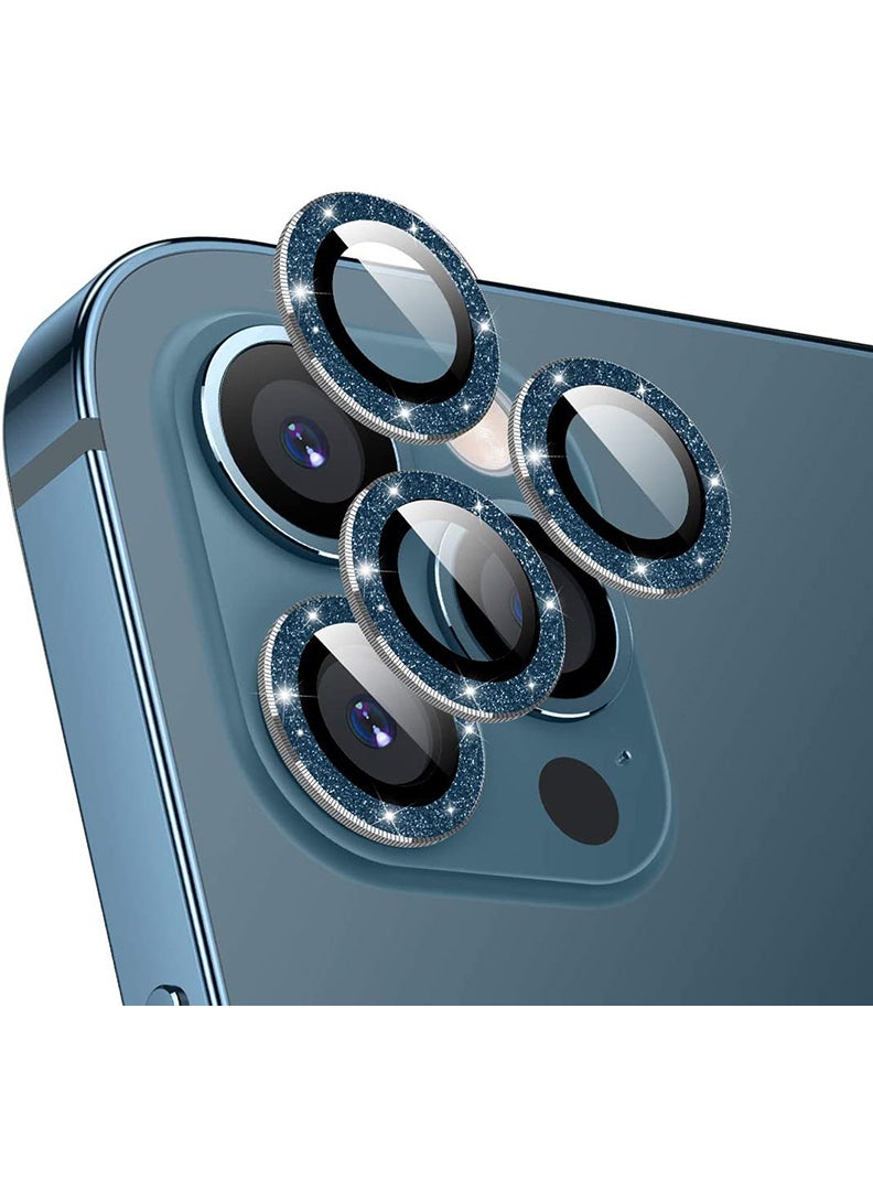 Theodor iPhone 12/ 12 Pro 3 Pcs Camera Lens Protector With 9H Tempered HD Glass Camera Cover Anti Scratch Aluminum Alloy Camera Ring, Bling Glitter Blue - Image 1