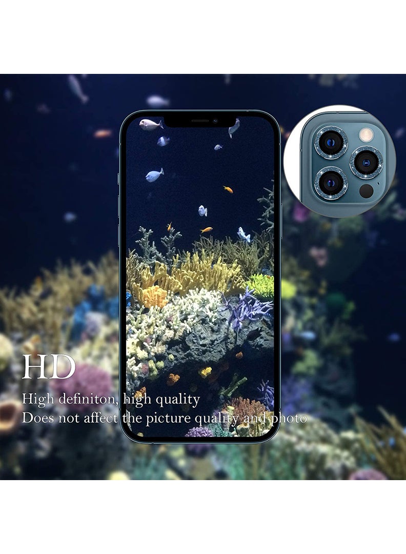 Theodor iPhone 12/ 12 Pro 3 Pcs Camera Lens Protector With 9H Tempered HD Glass Camera Cover Anti Scratch Aluminum Alloy Camera Ring, Bling Glitter Blue - Image 5