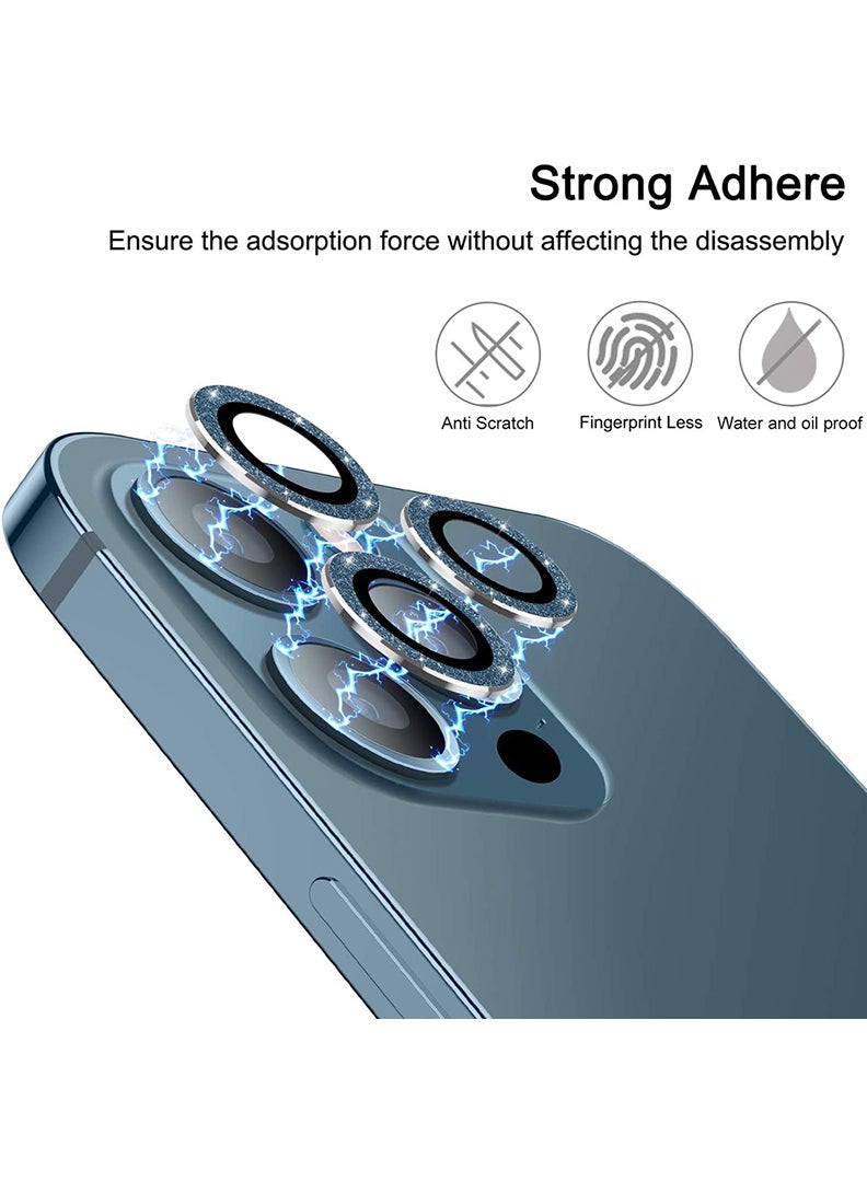 Theodor iPhone 12/ 12 Pro 3 Pcs Camera Lens Protector With 9H Tempered HD Glass Camera Cover Anti Scratch Aluminum Alloy Camera Ring, Bling Glitter Blue - Image 2