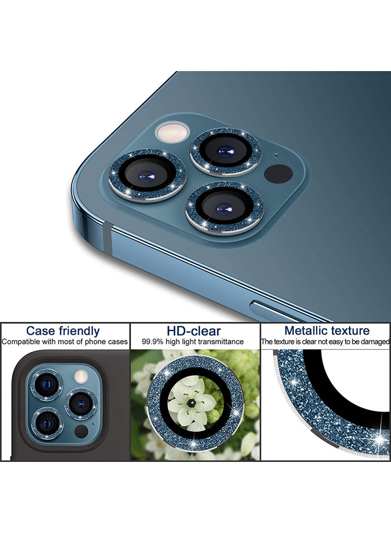 Theodor iPhone 12/ 12 Pro 3 Pcs Camera Lens Protector With 9H Tempered HD Glass Camera Cover Anti Scratch Aluminum Alloy Camera Ring, Bling Glitter Blue - Image 3