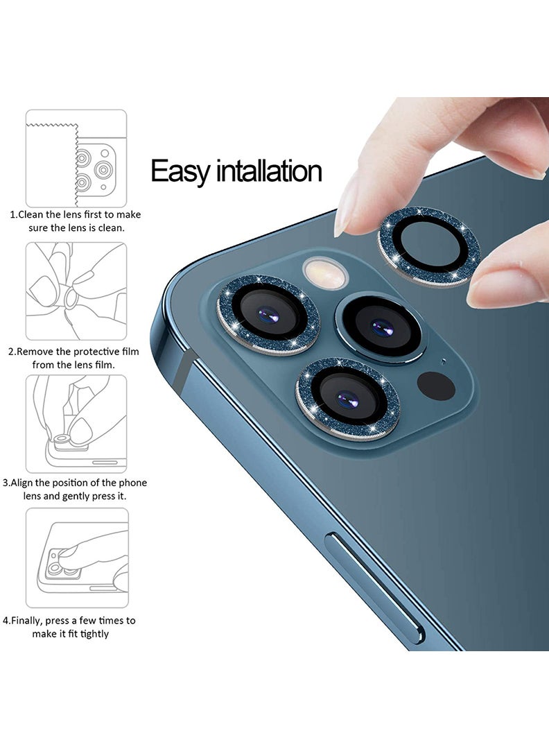 Theodor iPhone 12/ 12 Pro 3 Pcs Camera Lens Protector With 9H Tempered HD Glass Camera Cover Anti Scratch Aluminum Alloy Camera Ring, Bling Glitter Blue - Image 4