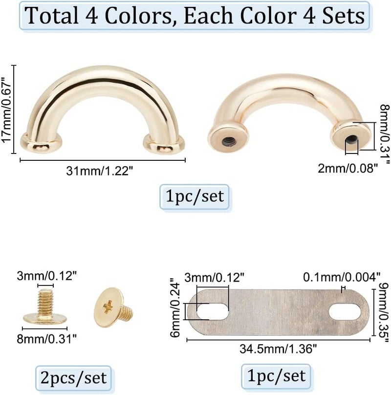 klarako 16 Sets Metal D-Ring Purse Side Connector, 4 Colors Thicken Handbag Chain Connector Arch Bridge Buckles with Screw Purse Suspension Clasp Hardware for Leather Crafts Bag Making, 1.2×0.6×0.3Inch - Image 2