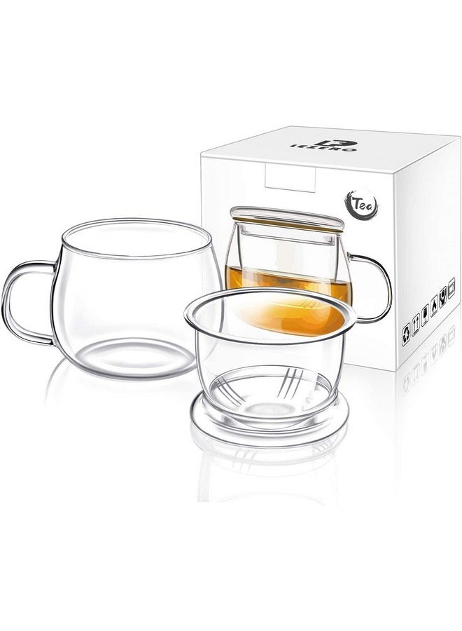 NILKANTH 13 Ounce Tea Cups Kits Loose Tea-Leaf Brewing System, Thickened Glass Cups with Tea Infuser Basket and Lid, Simple Filtration Teacups Great for Family Daily (Flat Lid) - Image 1