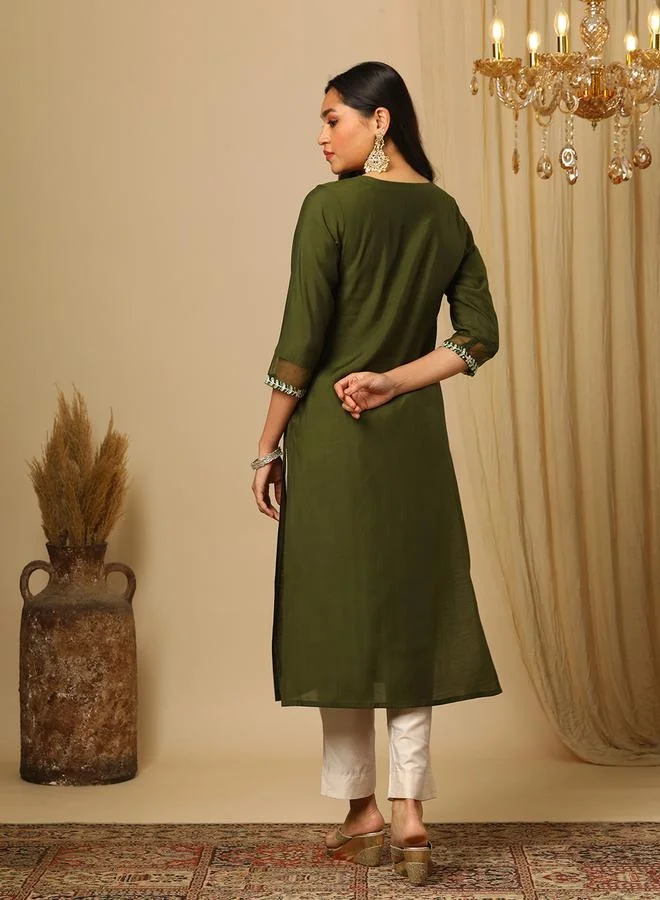 globus Globus Women Green Round Neck Zari Embroidered Yoke Design Straight Calf Length Ethnic Kurta by Styli