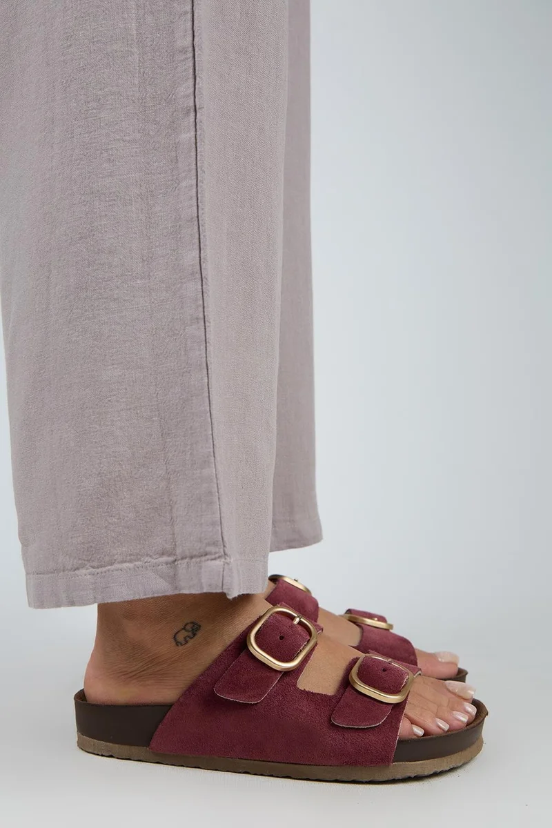 Manijero Manijero Jazmin Women's Genuine Leather Double Buckle Cherry Red Slippers