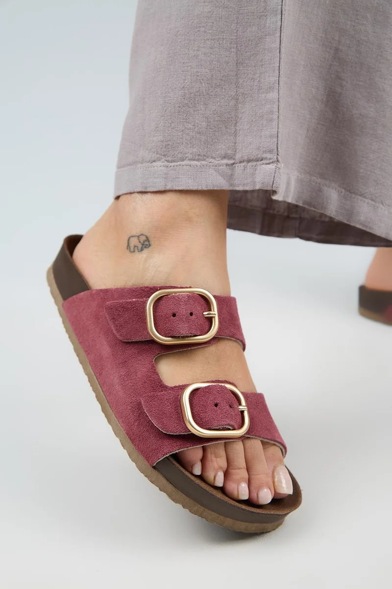 Manijero Manijero Jazmin Women's Genuine Leather Double Buckle Cherry Red Slippers