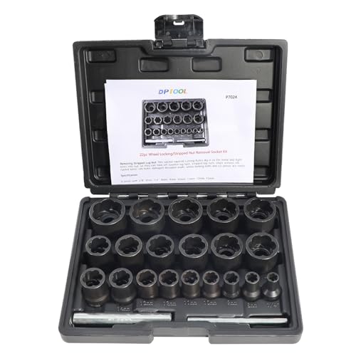 DPTOOL مجموعة أدوات استخراج الصواميل والمسامير DPTOOL المكونة من 22 قطعة، أداة إزالة صواميل العجلات ذات محرك 1/2" و 3/8"، مجموعة إزالة قفل العجلات لاستخراج الصواميل والمسامير التالفة والمجمدة والمصقولة، مجموعة مفاتيح التواء - Image 1