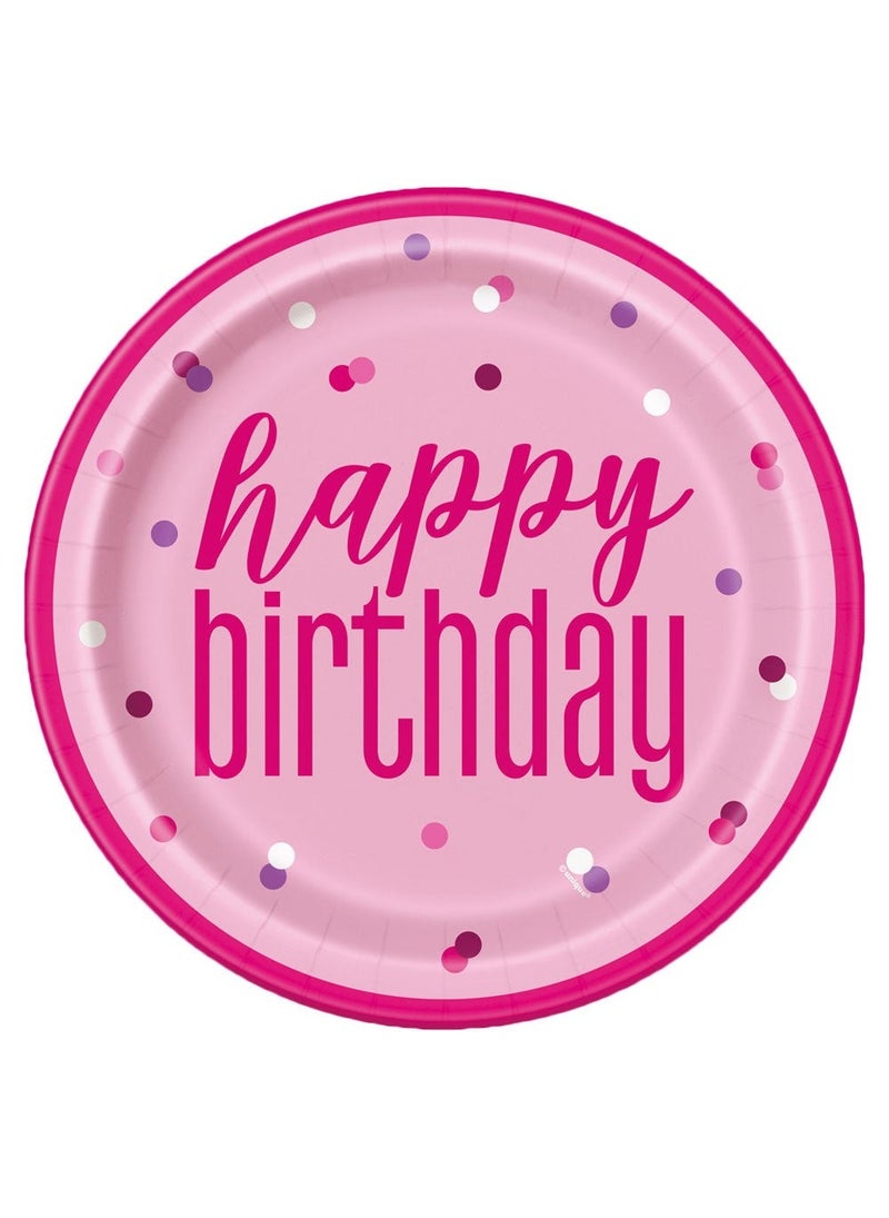 Unique Happy Birthday Disposable Paper Plates Pink 23cm 8-Pack