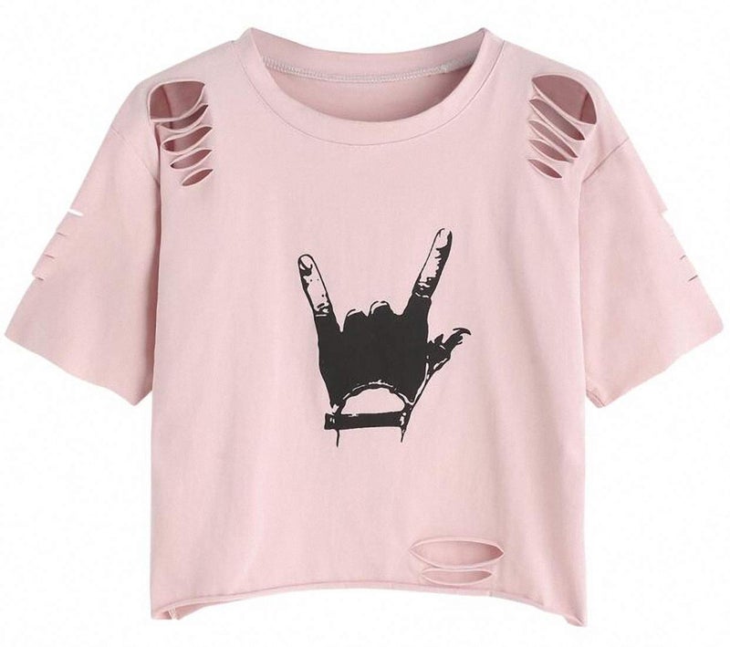 SweatyRocks Women's Short Sleeve T Shirt Graphic Print Distressed Crop Top Gesture Light Pink Large - Image 1