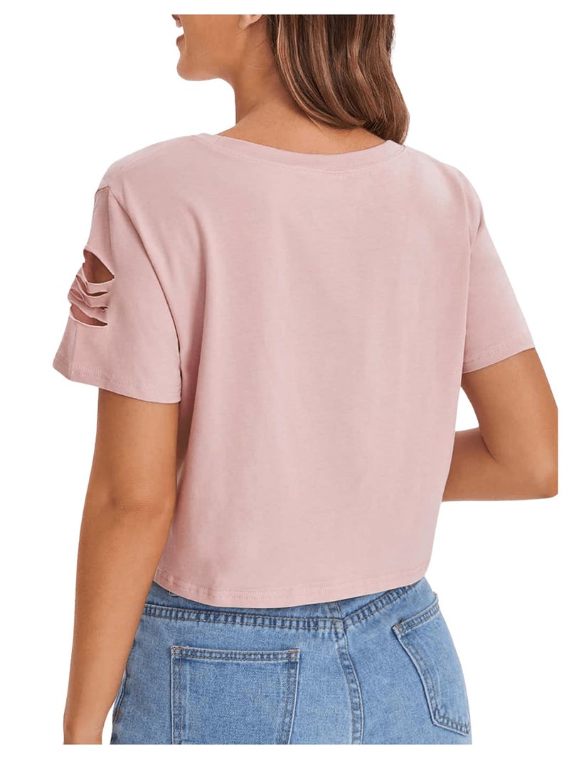 SweatyRocks Women's Short Sleeve T Shirt Graphic Print Distressed Crop Top Gesture Light Pink Large - Image 2