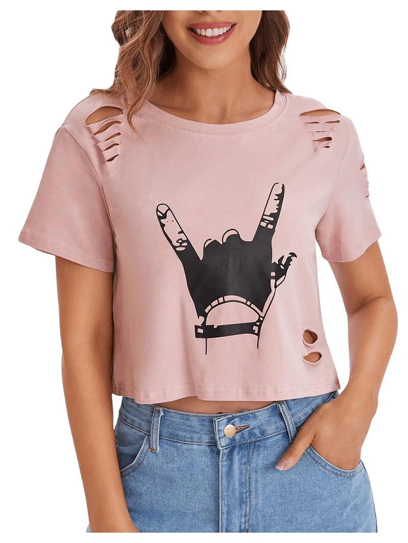 SweatyRocks Women's Short Sleeve T Shirt Graphic Print Distressed Crop Top Gesture Light Pink Large - Image 4