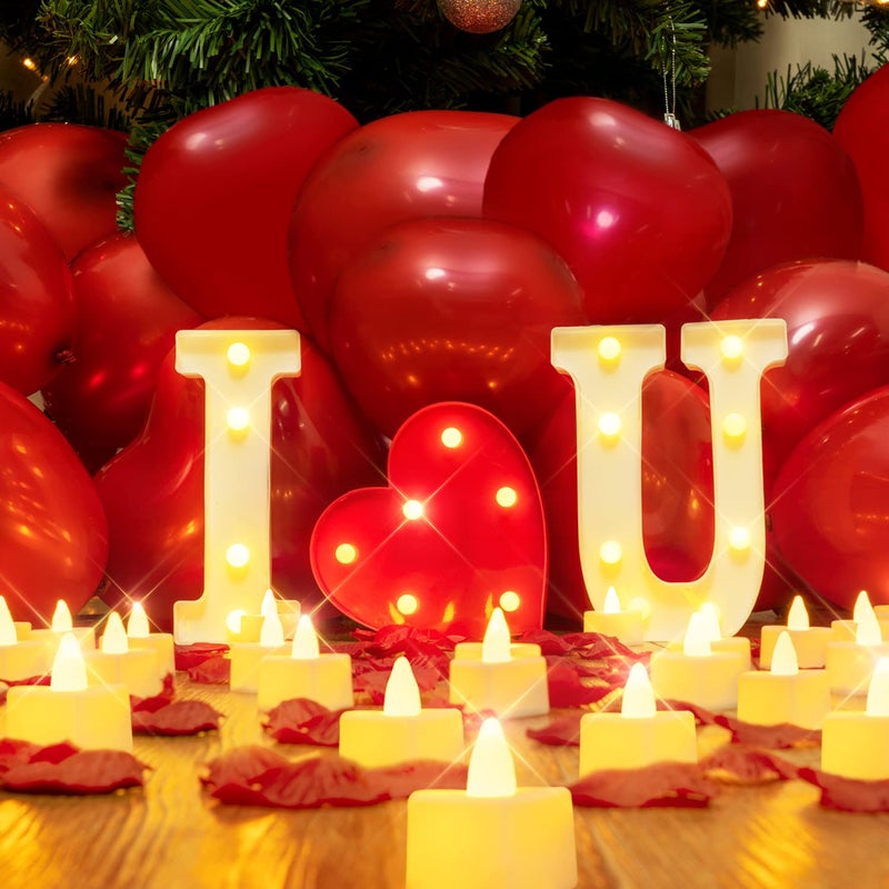 Homemory I Love U Light Up Letters Proposal Decorations I Love U Sign with 24Pcs Flameless Candles 1000Pcs Red Fake Rose Petals 30Pcs Red Balloons for Valentines Day Wedding Proposal Romantic Night - Image 2