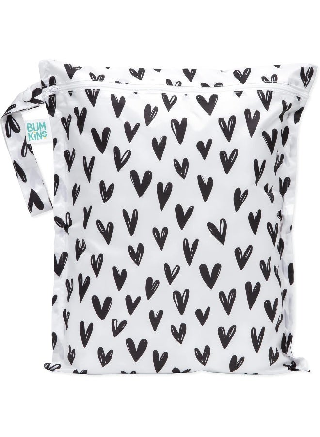 Bumkins Waterproof Wet Bag for Baby, Travel, Swim Suit, Cloth Diapers, Pump Parts, Pool, Beach, Gym Clothes, Toiletry, Hook to Stroller, Daycare, Zipper Reusable Wetdry Packing Pouch, Black Hearts - Image 1