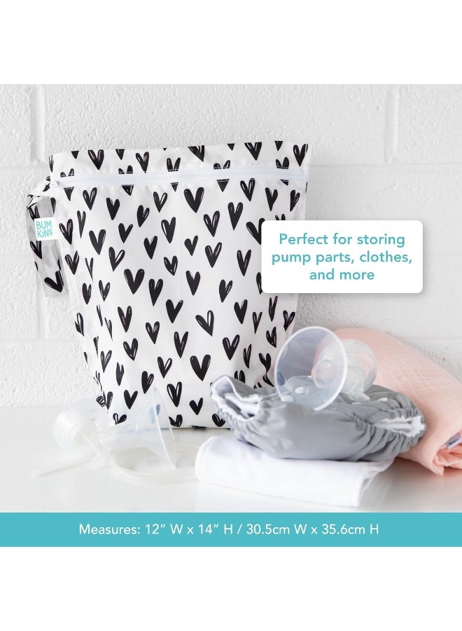 Bumkins Waterproof Wet Bag for Baby, Travel, Swim Suit, Cloth Diapers, Pump Parts, Pool, Beach, Gym Clothes, Toiletry, Hook to Stroller, Daycare, Zipper Reusable Wetdry Packing Pouch, Black Hearts - Image 5