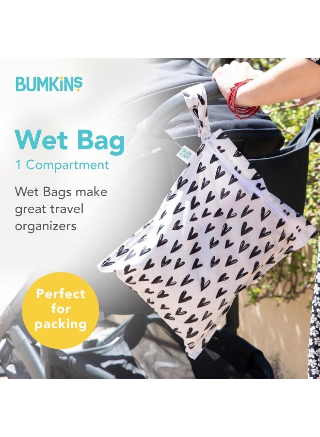 Bumkins Waterproof Wet Bag for Baby, Travel, Swim Suit, Cloth Diapers, Pump Parts, Pool, Beach, Gym Clothes, Toiletry, Hook to Stroller, Daycare, Zipper Reusable Wetdry Packing Pouch, Black Hearts - Image 2