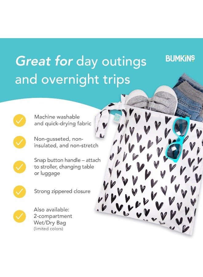 Bumkins Waterproof Wet Bag for Baby, Travel, Swim Suit, Cloth Diapers, Pump Parts, Pool, Beach, Gym Clothes, Toiletry, Hook to Stroller, Daycare, Zipper Reusable Wetdry Packing Pouch, Black Hearts - Image 4