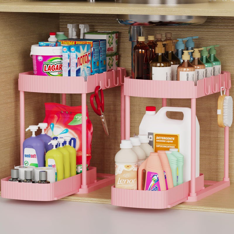 Ukeetap 2 Pack MultiPurpose PullOut Storage Organizers Under Sink Organizers and Storage for Bathroom  Kitchen Under Cabinet Organizers and storage 148 Inch Pink