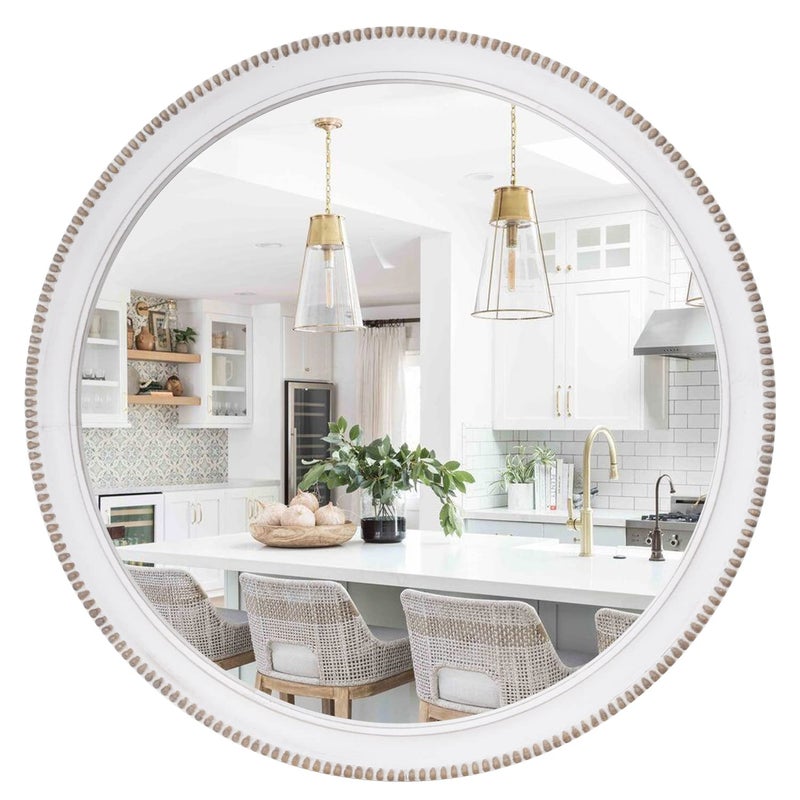 sawsile Round Wood Mirror24 inch Circle Rustic Farmhouse White Wooden Frame Boho Beads Wall Mirror for BathroomLiving RoomBedroom or Entryway