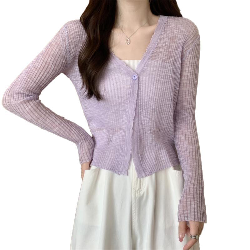 ICW Women's Ribbed Knitted V-Neck Cardigan Front-Open Top Long Sleeve Shrug Jacket for Girls (in, Alpha, XS, Regular, Purple) - Image 1