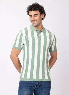 OCTAVE Octave Men's 2-Tone Colored Vertical Stripe Knited T-Shirt,Pista  - Image 2