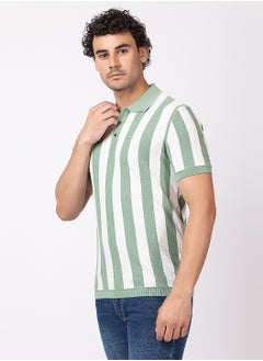 OCTAVE Octave Men's 2-Tone Colored Vertical Stripe Knited T-Shirt,Pista  - Image 4