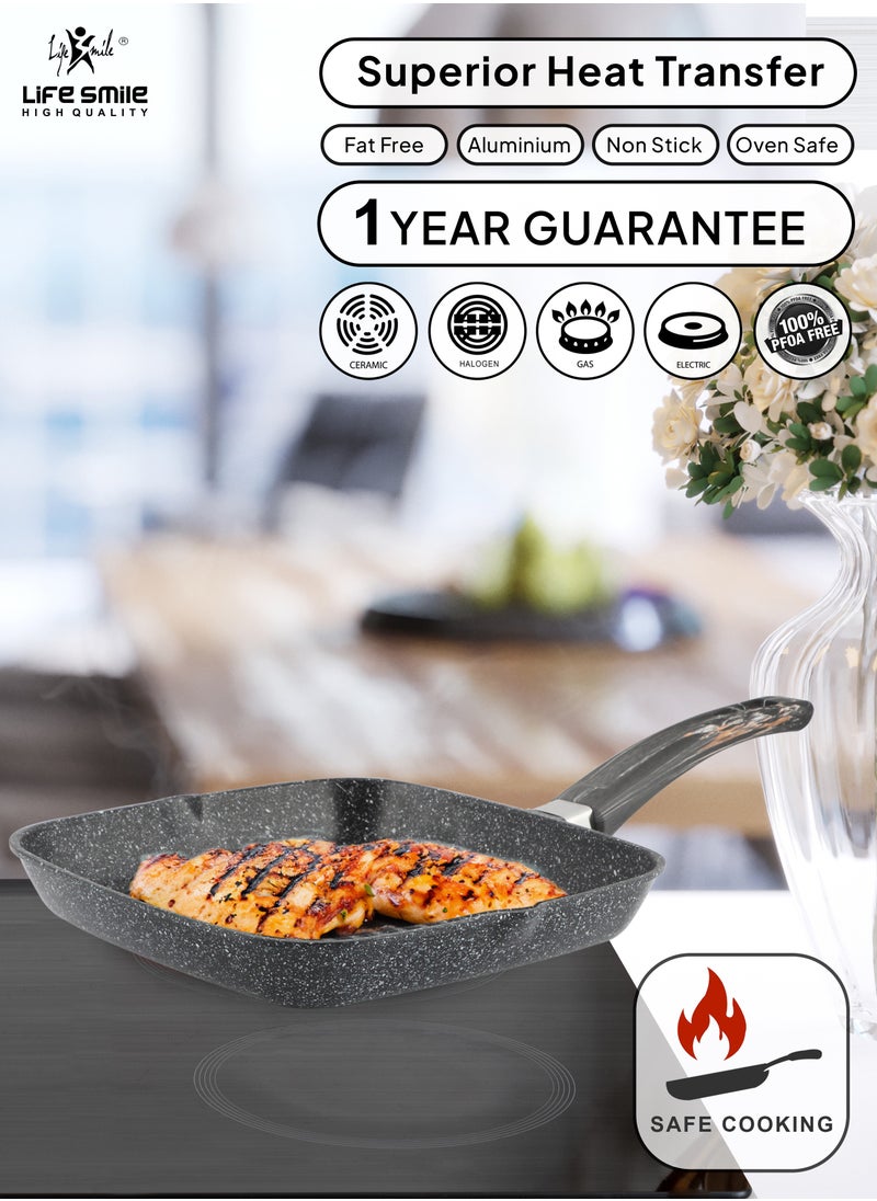 Life Smile - 24/28cm Sizes Granite Coated Non-Stick Grill Pan with Stay Cool Fixed Handle for Stove Tops, Square Big Grill Skillet Steak Pan for Indoor & Outdoor Gas Grill Camping & BBQ - 100% PFOA & PFAS Free - Image 1