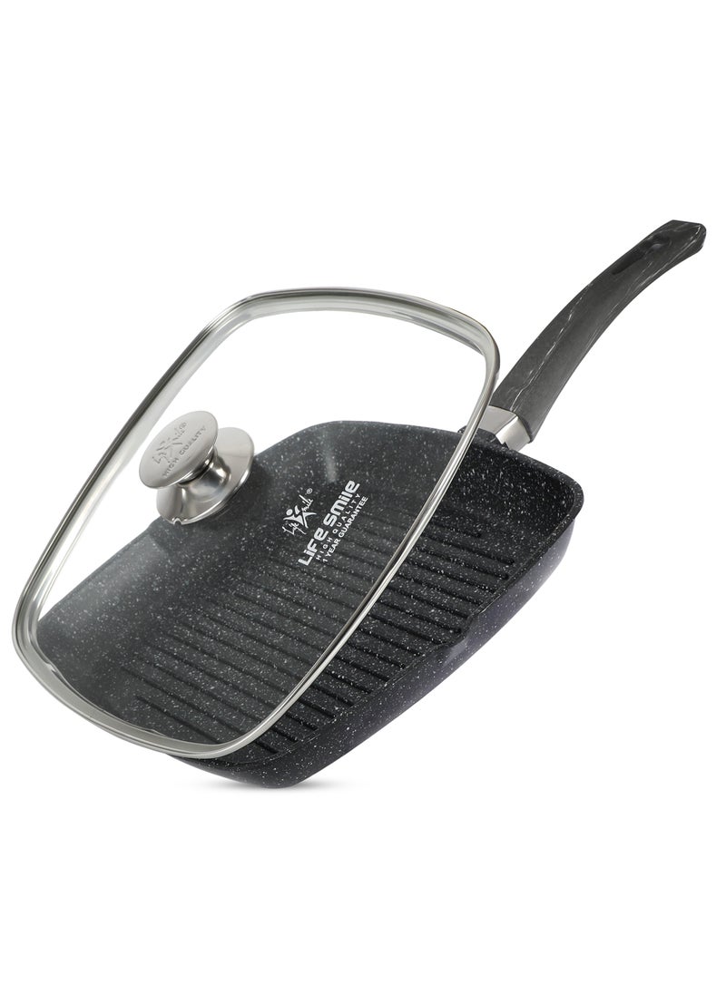 Life Smile - 24/28cm Sizes Granite Coated Non-Stick Grill Pan with Stay Cool Fixed Handle for Stove Tops, Square Big Grill Skillet Steak Pan for Indoor & Outdoor Gas Grill Camping & BBQ - 100% PFOA & PFAS Free - Image 1