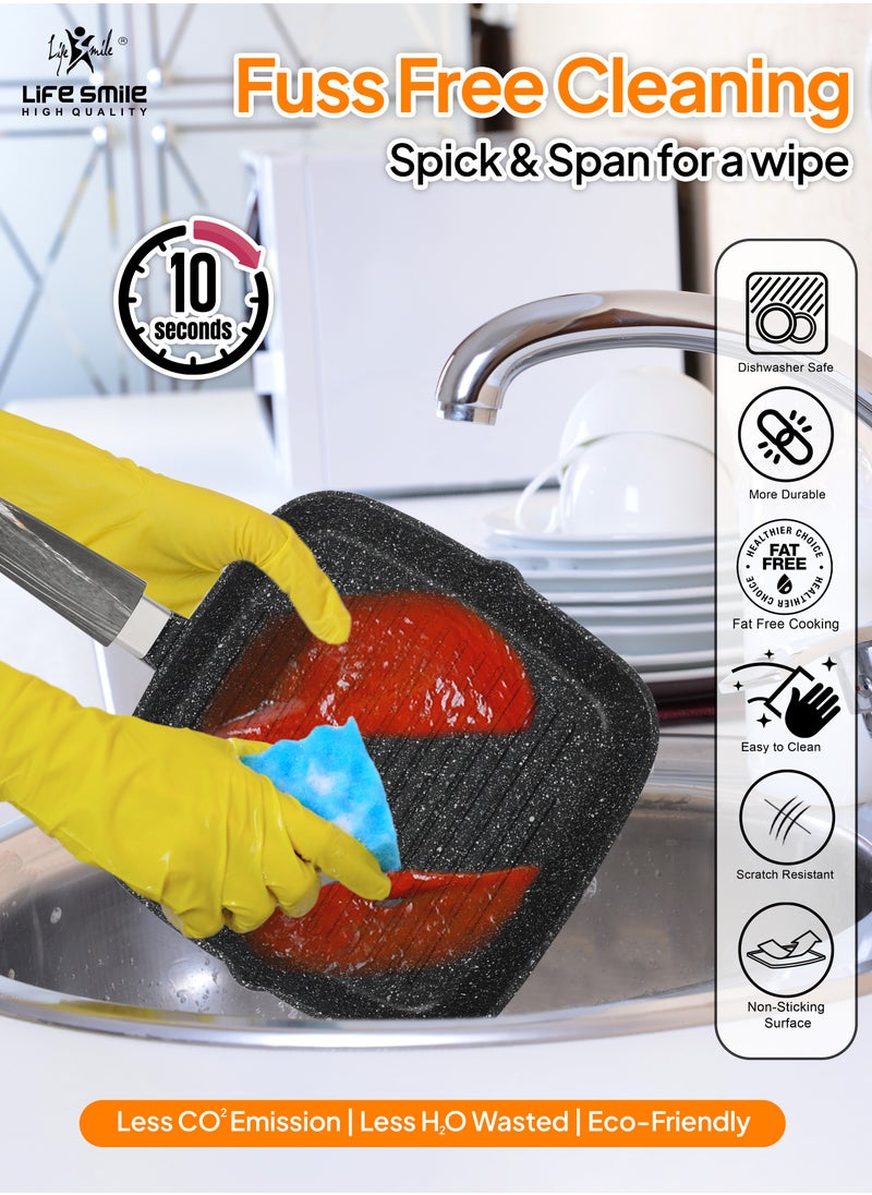 Life Smile - 24/28cm Sizes Granite Coated Non-Stick Grill Pan with Stay Cool Fixed Handle for Stove Tops, Square Big Grill Skillet Steak Pan for Indoor & Outdoor Gas Grill Camping & BBQ - 100% PFOA & PFAS Free - Image 1