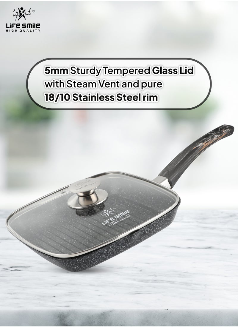 Life Smile - 24/28cm Sizes Granite Coated Non-Stick Grill Pan with Stay Cool Fixed Handle for Stove Tops, Square Big Grill Skillet Steak Pan for Indoor & Outdoor Gas Grill Camping & BBQ - 100% PFOA & PFAS Free - Image 1