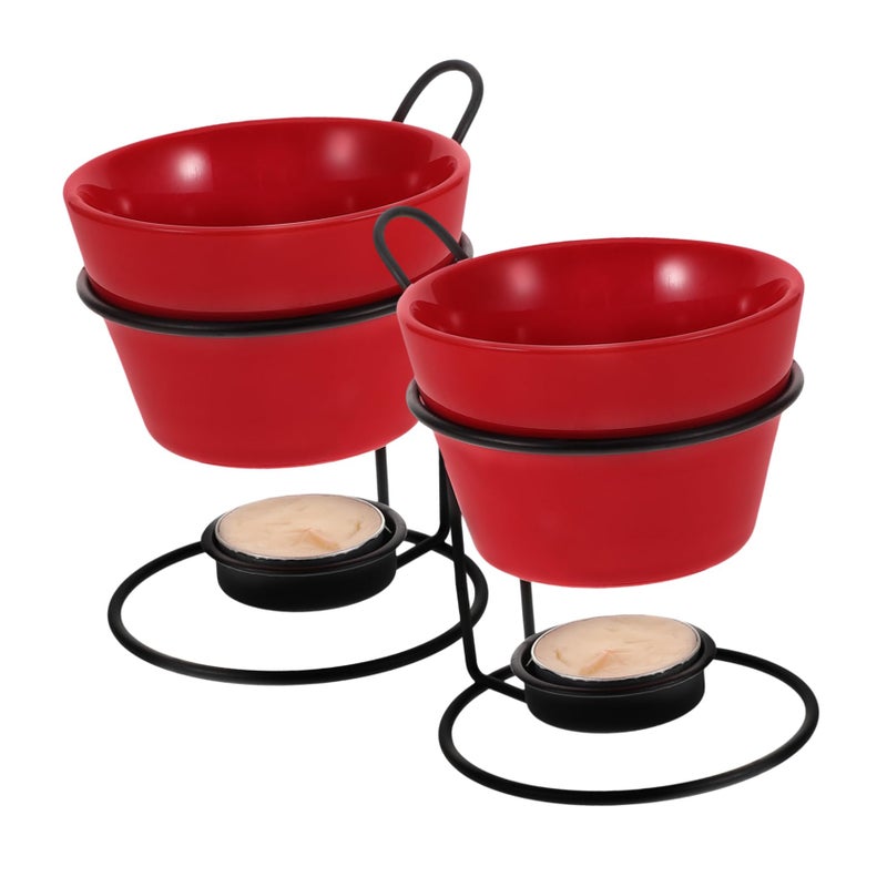 Ceramic Cheese Warmer Fondue Pot Set of 2 for Melting Chocolate and Cheese with Removable Porcelain Mug Rack - Image 2